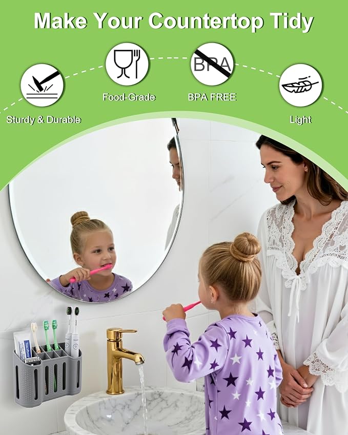 Tooth Brush Holder for Bathroom, Silicone Toothbrush Holder with Drainage, Bathroom Organizers and Storage, 8 Slots Kids Electric Toothbrush and Toothpaste Holde Drainage