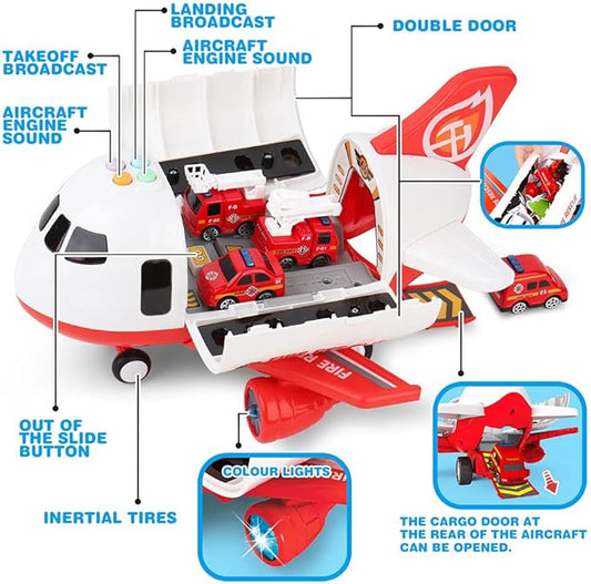 Dwi Dowellin Airplane Toys with Fire Truck Cars Toy Set and Play Mat,Plane with Light Up and Sounds,Birthday Gift for 3 4 5 6 Years Old Kids Boys Girls(Medium)