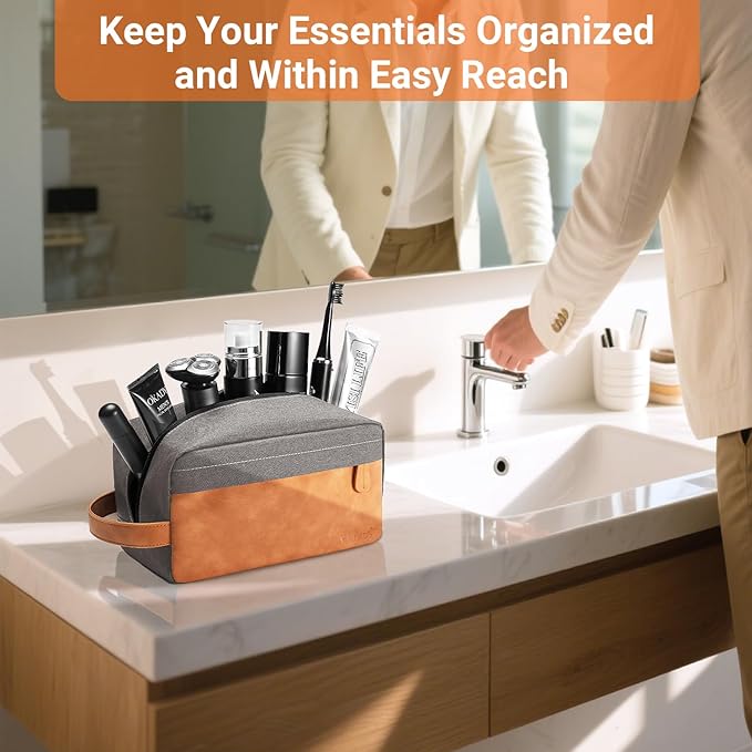 Elviros Travel Toiletry Bag for Men, Hanging Toiletries Bag Water Repellent Dopp Kit PU Leather Travel Bag for Toiletries Accessories, Grey