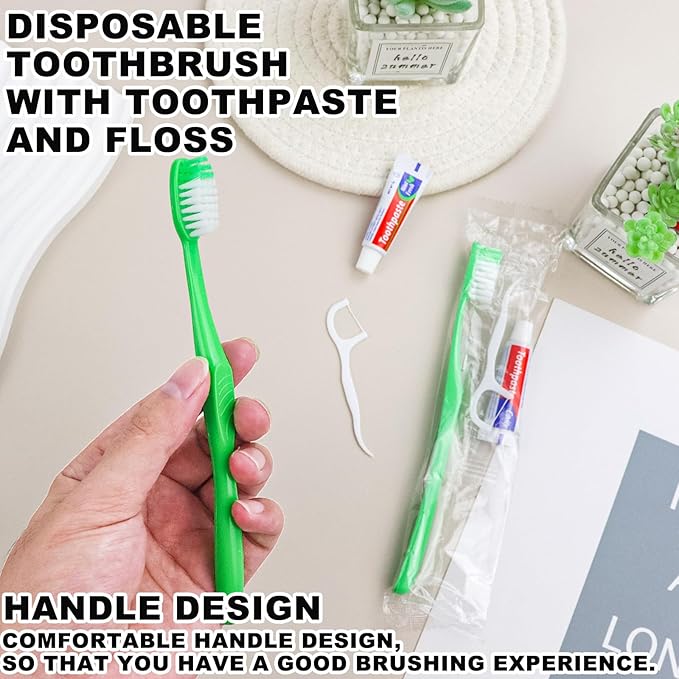 Disposable Toothbrushes with Toothpaste and Floss,50Pcs Green Single Use Individually Wrapped Disposable Travel Toothbrushes and Dental Floss Kit Bulk for Homeless,Airbnb,Hotel,Dentist