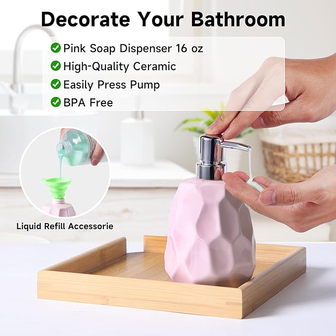 Ceramic Bathroom Accessories Set 4 PCS,Bathroom Toothbrush Holder Set,Soap and Toothbrush Holder Set,Include Toothbrush Holder,Soap Dispenser,Tumbler,Soap Dish,Bathroom Sets Decor Organizer (Pink)