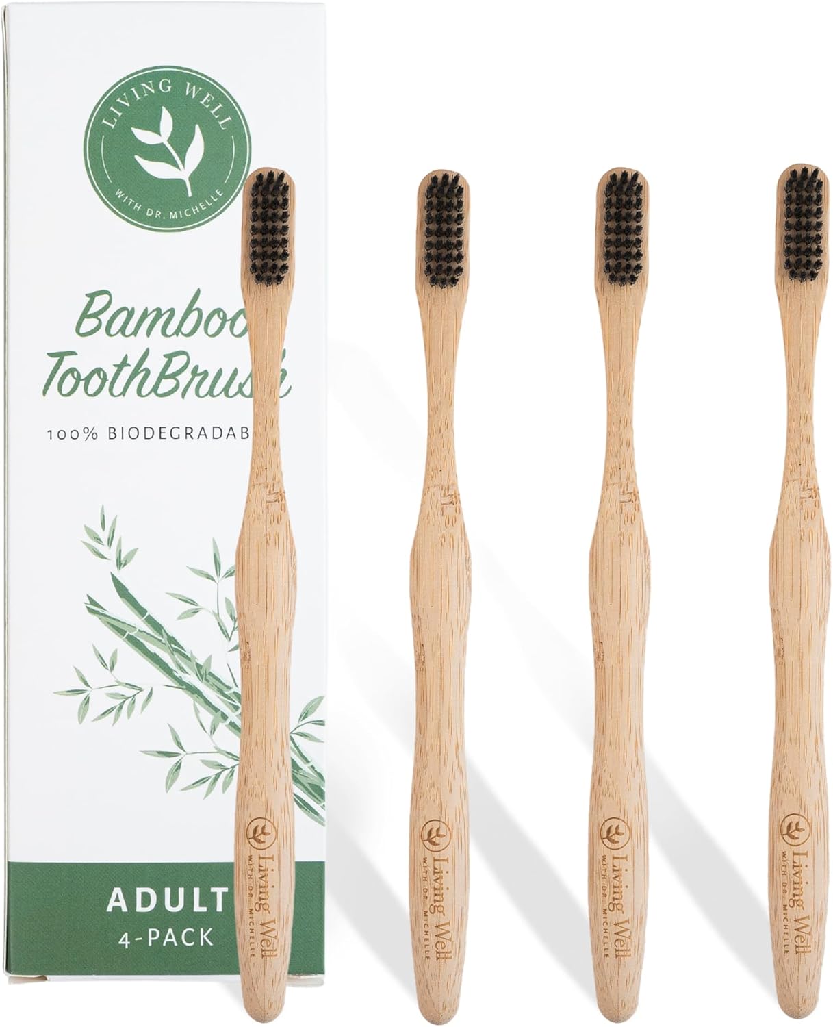Living Well with Dr. Michelle Bamboo Toothbrushes (4 Pack) Eco-Friendly, Natural, BPA Free & Biodegradable, Infused with Charcoal, Wood Color Tooth Brushes for Adults
