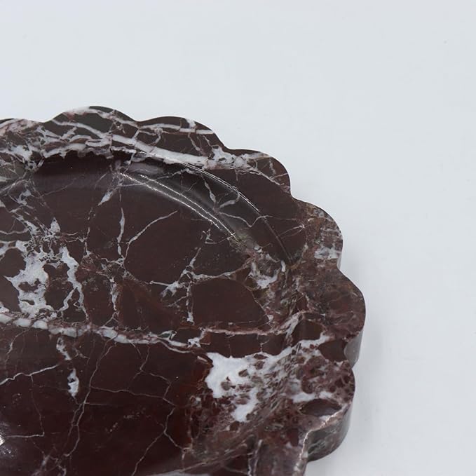 Round Marble Decorative Tray with Scalloped Edge, Luxury Natural Stone Bathroom Vanity Tray, Dresser Top Perfume Coffee Home Kitchen Sink Tray, Key Trinket Ring