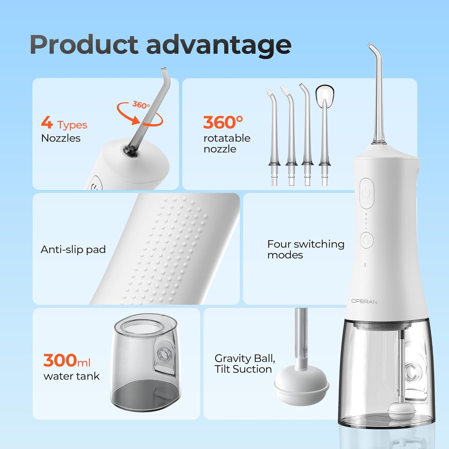 Operan Cordless Water Flossers for Teeth, 300ML Rechargeable Oral Irrigator with 4 Modes & 4 Nozzles, Portable Water Flossers for Adults, IPX7 Waterproof for Home and Travel, White，01Pack