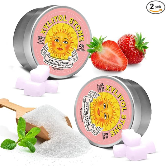 Xylitol Stone Sugar Free Candy - Vegan & Keto Friendly Unique Hard Candy Sugar-Free - 100% Natural Flavor Candies - Gluten Free & Non-GMO Breath Freshener Low Calorie Mints - Strawberry (Pack of 2)