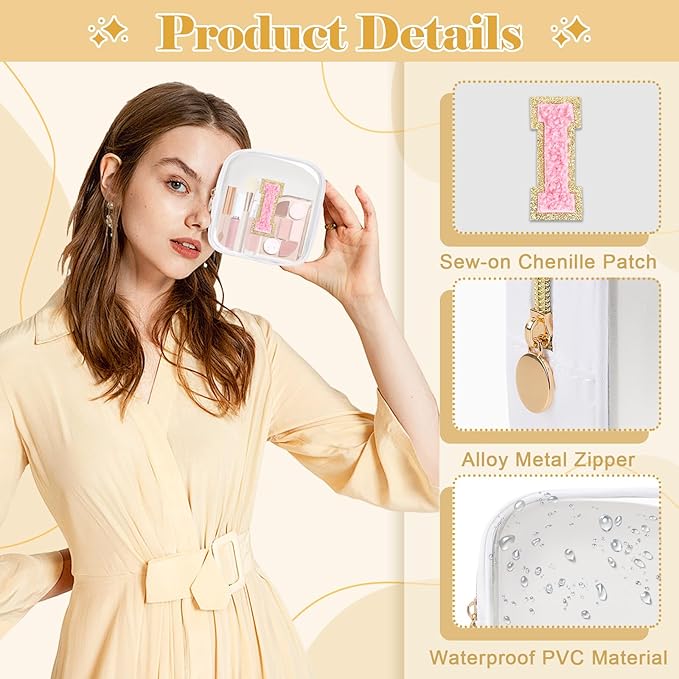 Personalized Initial Letter Clear Preppy Makeup Bag,Mini Nylon Chenille Letter Cosmetic Bag Cute Zipper Pouch Purse for Teen Girls,Portable TSA Approved Beach Travel Essentials Bag Gift for Women,I