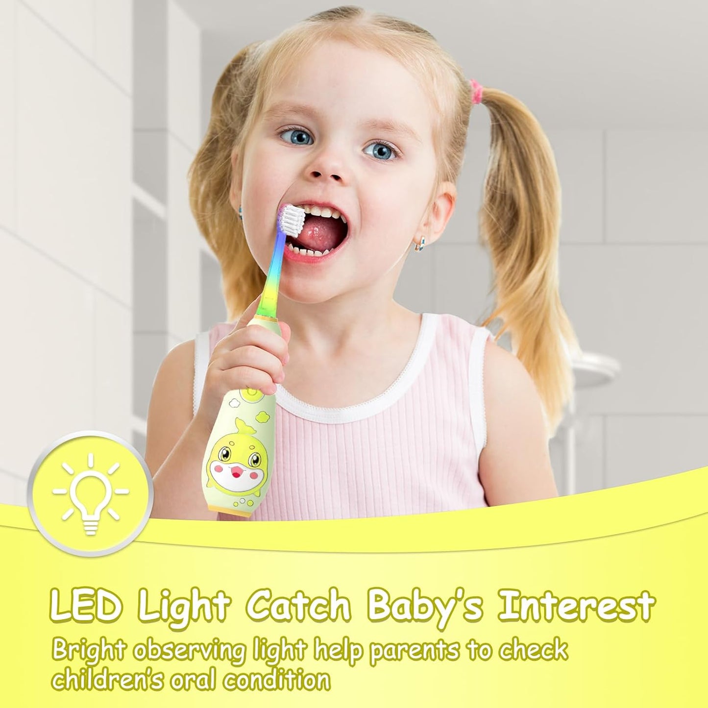 teeteck Electric Toothbrush for Kids - Toddler Electric Toothbrush with Magnetic Charging, Includes 2 Brush Heads, Magnetic USB Charging Cable for Ages 1-6 Boys Girls (Yellow