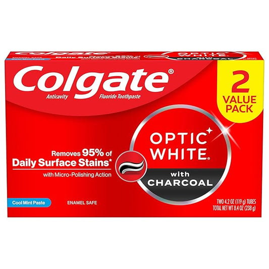 Colgate Optic White Whitening Toothpaste with Charcoal, Whitening with Charcoal Toothpaste Pack, Removes Daily Surface Stains, Enamel-Safe for Daily Use, Vegan, Cool Mint Paste, 2 Pack, 4.2 oz