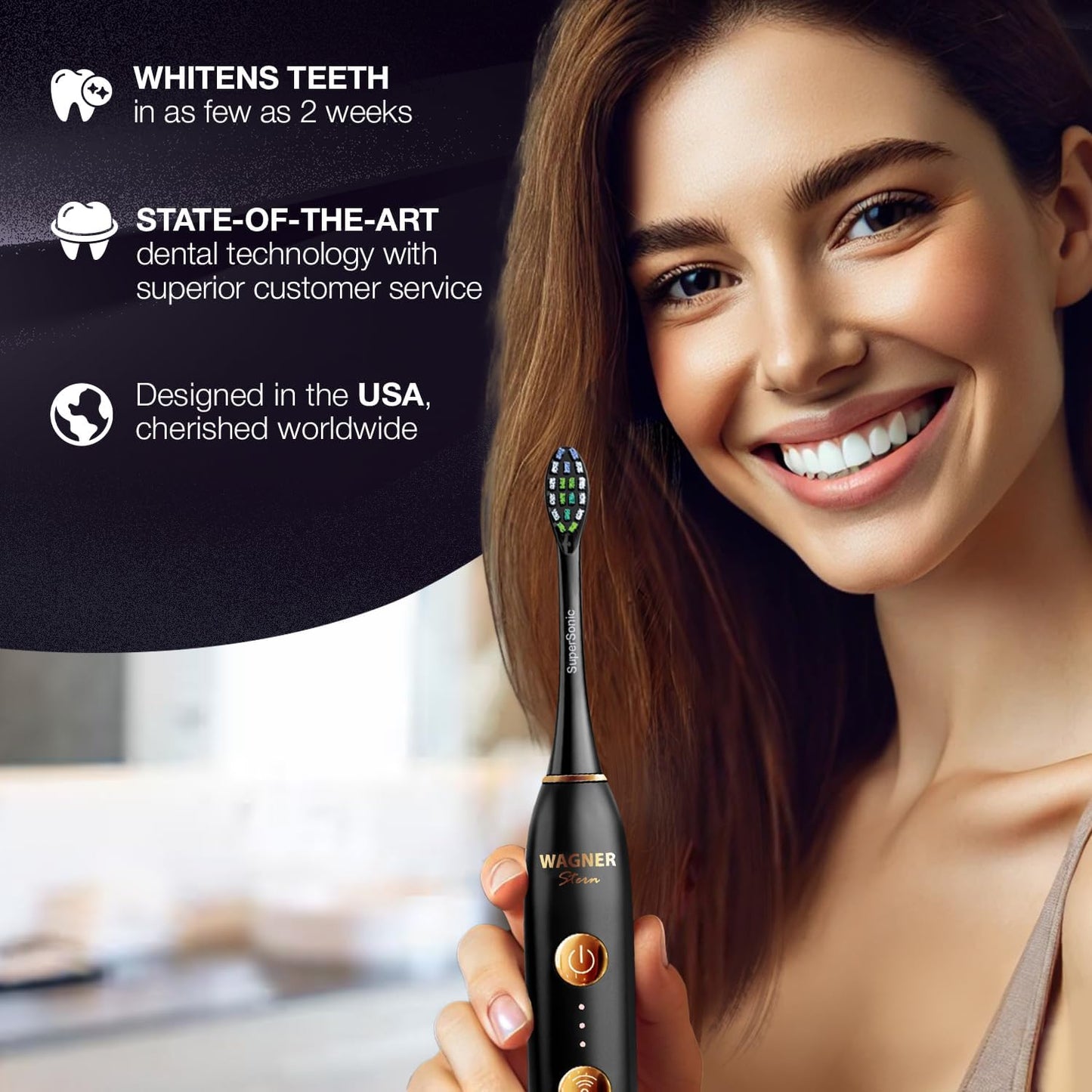 Wagner Stern WHITEN+ Edition. Whitening Electric Toothbrush with Pressure Sensor. Offers 5 Brushing Modes, 3 intensities, 8 Soft Brush Heads, and a Luxury Travel case.