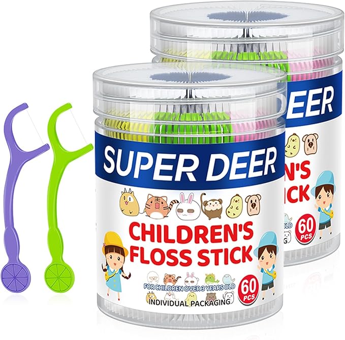 Super Deer Children's Dental Floss Sticks,120 Count, Individually Packaged, Ages 3+, Shred Resistant, Perfect for School, Travel & Playdates