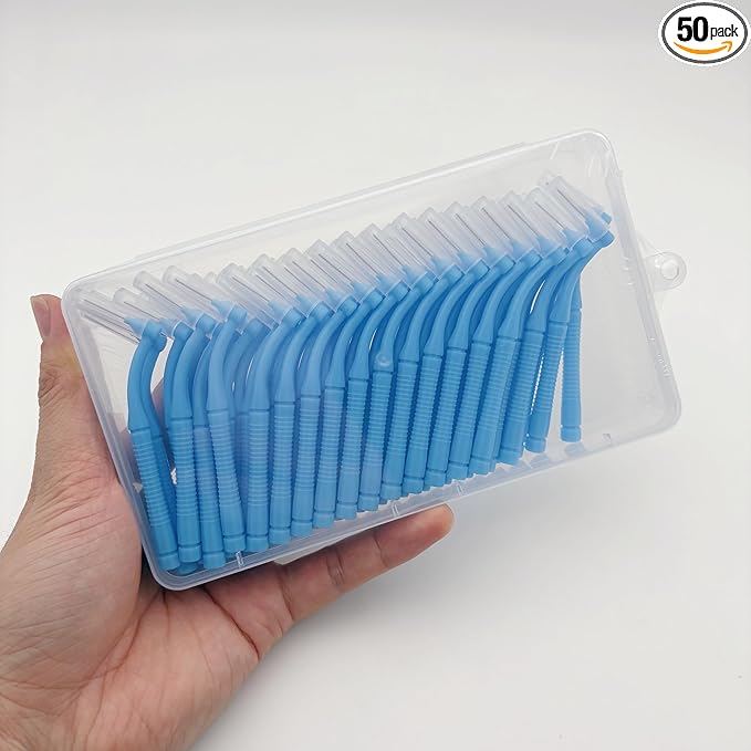 50 Pcs Interproximal Brush, Gum Interdental Brushes, L Angle Reusable Dental Cleaners Brushes,Disposable Oral Dental Hygiene Brush,Dental Toothpick Floss for Braces,Tooth Cleaning Tool (Blue)