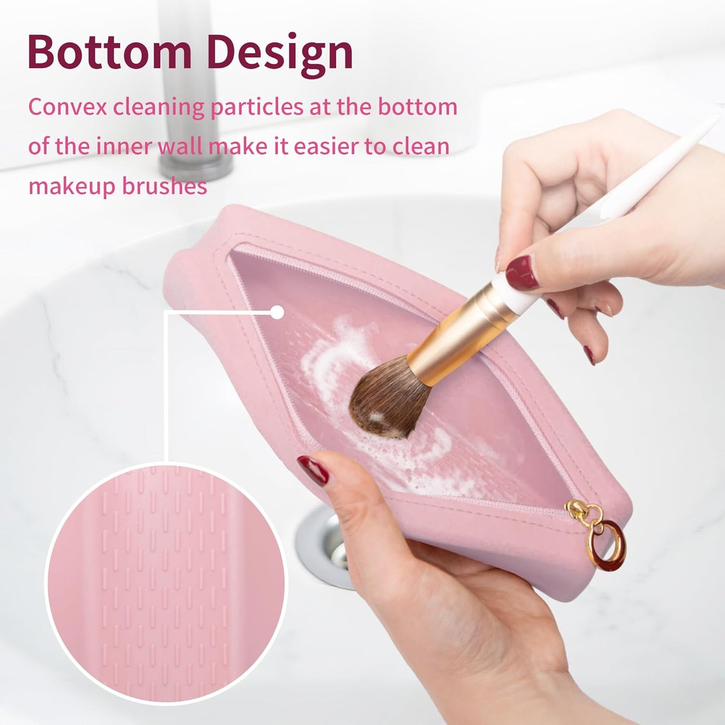 Nuomeisi Silicone Make up Brush Bag, Cosmetic Brush Holder, Large Capacity Makeup Container Built-in Zipper, Soft Portable Cosmetic Face Brushes Box Organize for Travel, Home, Office (Pink)