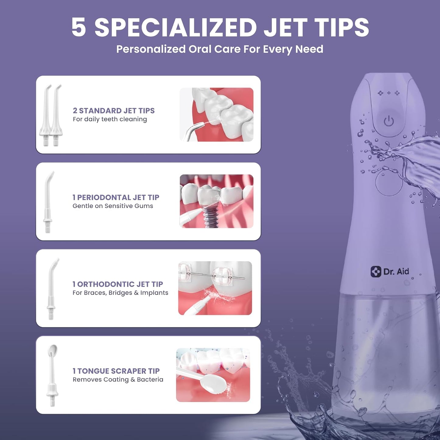 Dr. Aid Dental Water Flosser – Portable Oral Irrigator – 11Oz Tank, Water Filter, 5 Tips, Magnetic Charger – IPX8 Waterproof Cordless Water Flosser, Ideal Water Flossers for Teeth, Gums, Braces, White