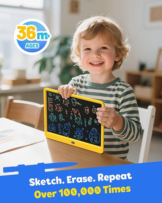 TEKFUN LCD Writing Tablet Doodle Board, 12inch Colorful Drawing Tablet Writing Pad, Kids Travel Essentials, Toddler Toys 6 7 8 Year Old Girls Boys (Yellow)