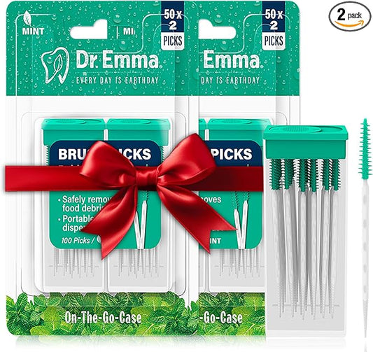 Dr. Emma Brush Picks Rubberized Mint Brush Picks, 2 Packs, 100 Picks/Pack