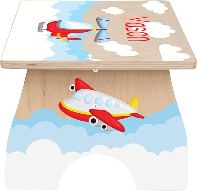 Airplane Step Stool for Toddlers- Personalized Wood Kids Step Stool with Name for Kitchen Sink, Bathroom, Potty Training, Toilet, Kitchen Sink- Sturdy and Safe- Made in USA by BloomOwl (Airplane)