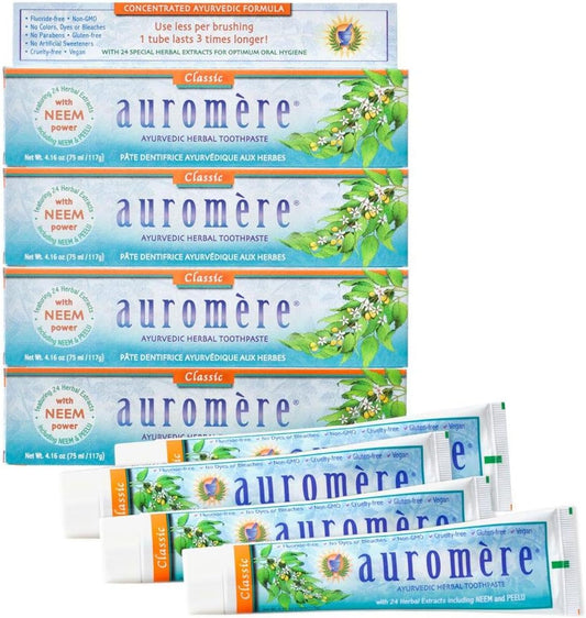 Auromere Ayurvedic Herbal Toothpaste, Classic Licorice Flavor - Vegan, Natural, Non GMO, Fluoride Free, Gluten Free, with Neem & Peelu (4.16 oz), 4 Pack