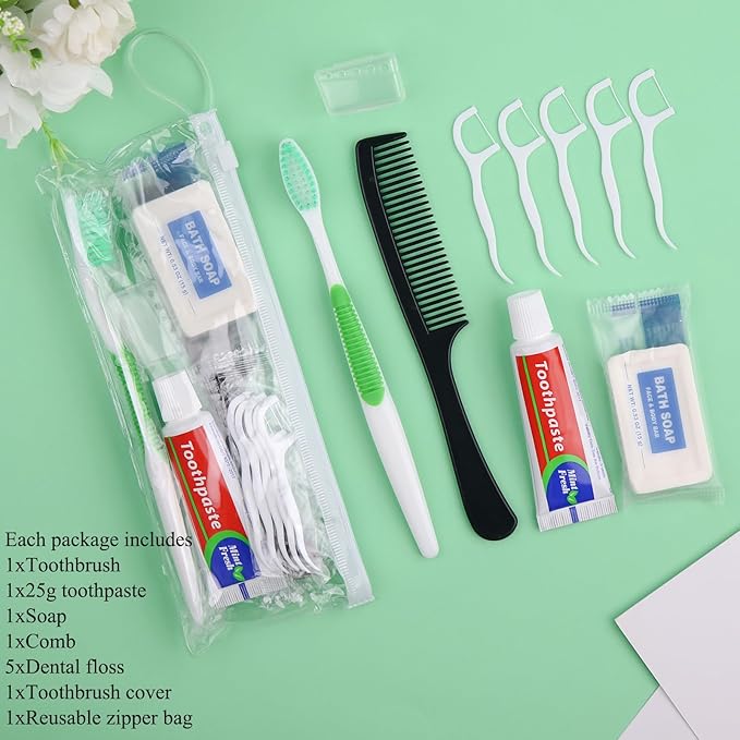 50 Set Personal Care Travel Toiletries Sets Bulk,7-in-1 Disposable Toothbrushes with Toothpaste and Floss,Comb,Soap,Cover,Zip Bag Toiletry Travel Toothbrush Kit for Homeless,Hotel,Charity