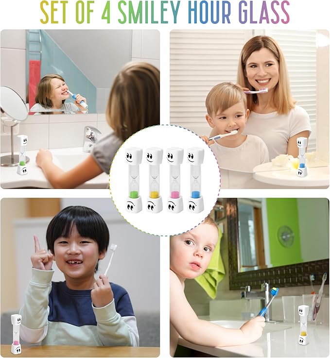 TeaherFav 2 Minute Toothbrush Sand Timer for Kids -Set of 4 Small Blue, Pink, Yellow and Green Smiley Hour Glass