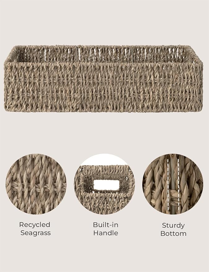 StorageWorks Seagrass Baskets with Built-in Handles, Bathroom Decor Box for Toilet Tank Top, 14 ¼"L x 6 ½"W x 3 ¾"H