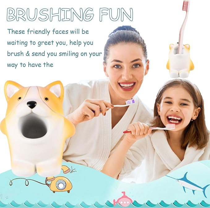 Cute Animal Toothbrush Holder - Corgi Pen Pencil Holder,Mini Resin Freestanding Storage Base for Box Pen Brush Toothpick Desktop Storage Container, Washroom Office Organizer Accessories (Corgi)