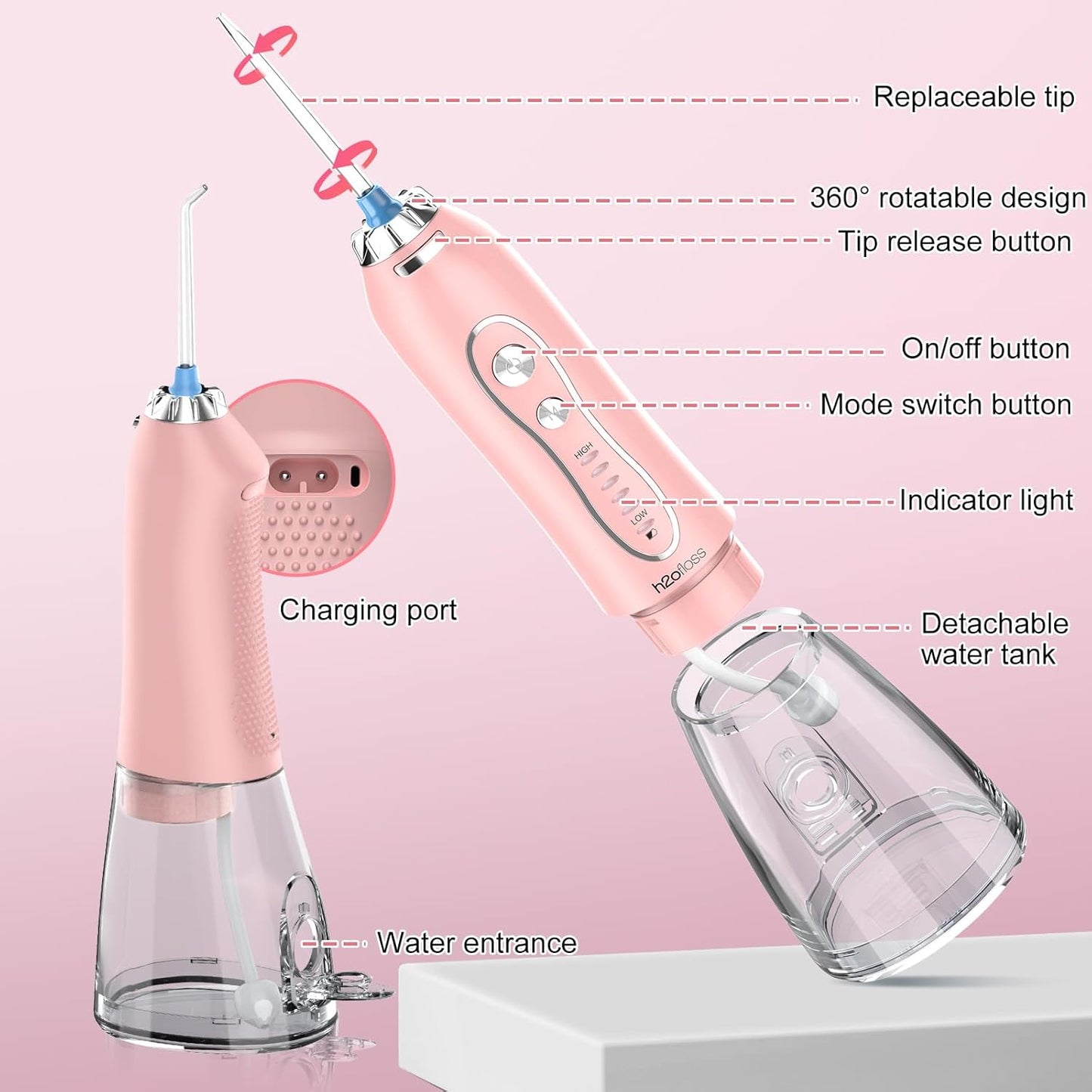 Water Dental Flosser Teeth Cleaner Pick, H2ofloss Cordless Portable Oral Irrigator,5 Mode IPX7 Waterproof Teeth Picks 300ML Rechargeable WaterFlosser for Home Travel (Pink)