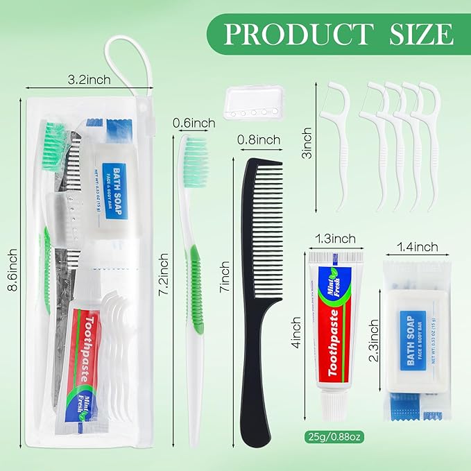 100 Set Personal Care Travel Toiletries Sets Bulk,7-in-1 Disposable Toothbrushes with Toothpaste and Floss,Comb,Soap,Cover,Zip Bag Toiletry Travel Toothbrush Kit for Homeless,Hotel,Charity