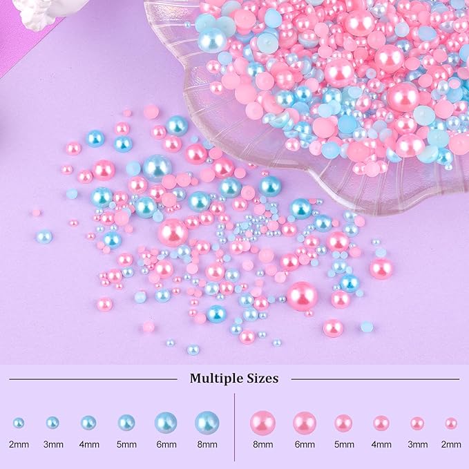 2 Boxes Flat Back Pearls Kit 18 Flatback Pink&Light Blue Half Round Pearls 2-8mm with Pickup Pencil and Tweezer for Home DIY and Professional Nail Art, Face Makeup and Craft