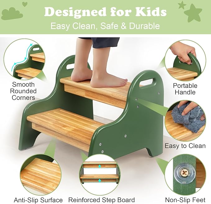 StrongTek Kids 2 Step Stool, Rubber Wood Step for Children, Safe & Sturdy, Ideal for Bathroom, Kitchen, Home Use, Durable, Non-Slip, Child Safety, Foot Stool, Toddler Step Stool, Easy to Clean