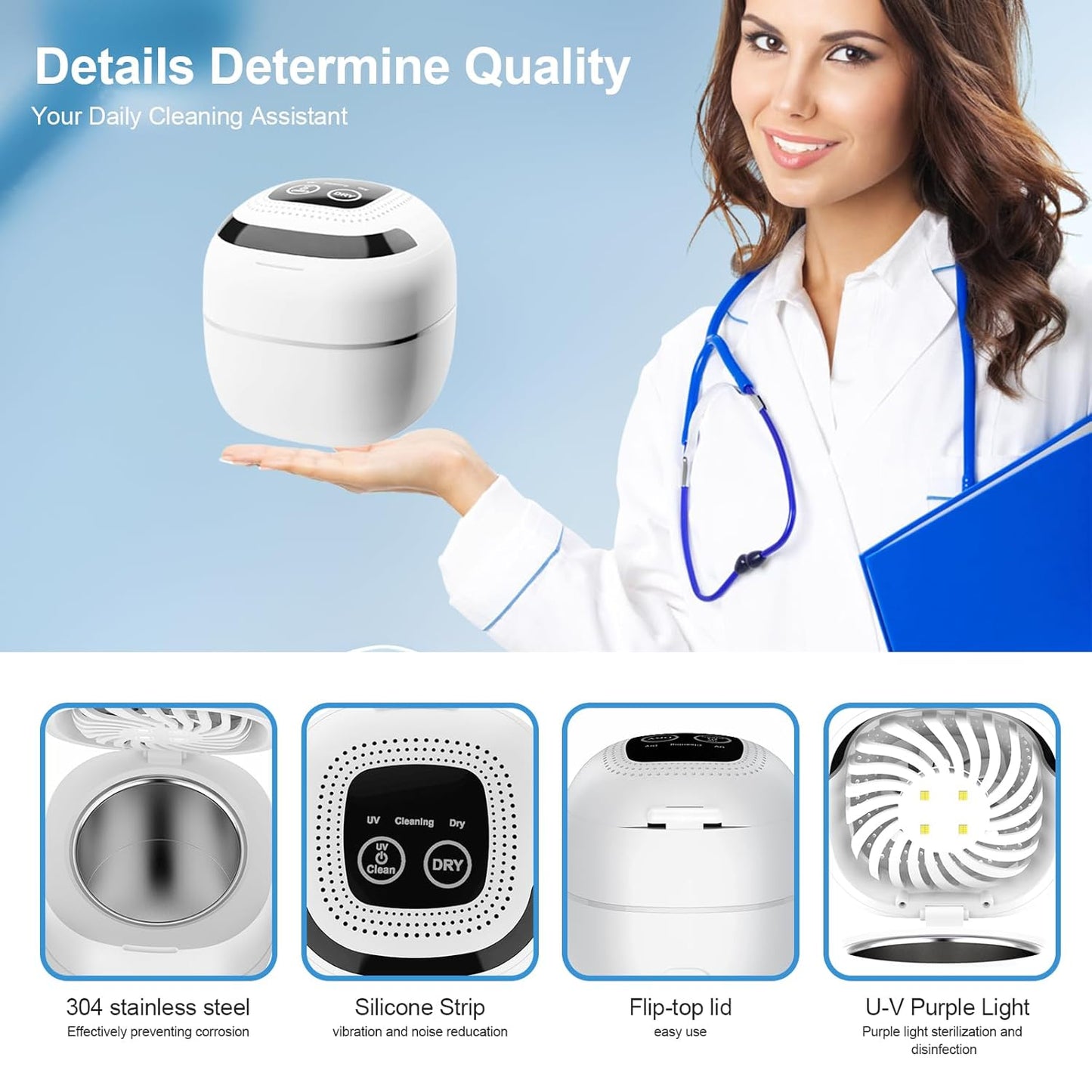 Retainer Cleaner ultrasonic，45kHz 180ml ultrasonic cleaner, cleaning and drying functions with Digital Timer，Retainer Cleaner Machine for Dentures, Mouth Guards, Braces, Jewelry (white)