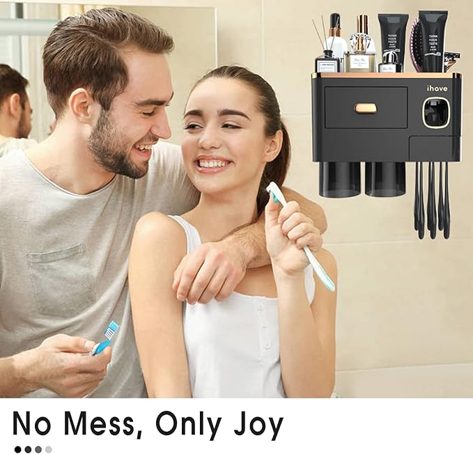 iHave Toothbrush Holders for Bathrooms - Upgrade Wall Mounted Toothbrush Holder with Toothpaste Dispenser - 2 Cups, Large Capacity Tray, Cosmetic Drawer - Bathroom Decor & Bathroom Accessories
