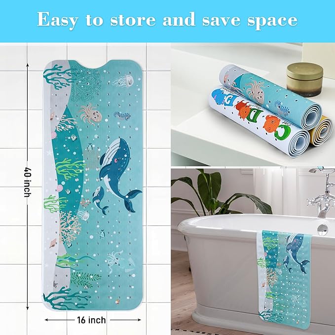 Bath Mat for Tub Non Slip, Machine Washable Anti-Slip Cartoon Baby Bathtub Shower Mat with Drain Holes and Suction Cups for Toddler & Kids (40 Inch x 16 Inch-Rectangular, 2-Whales)