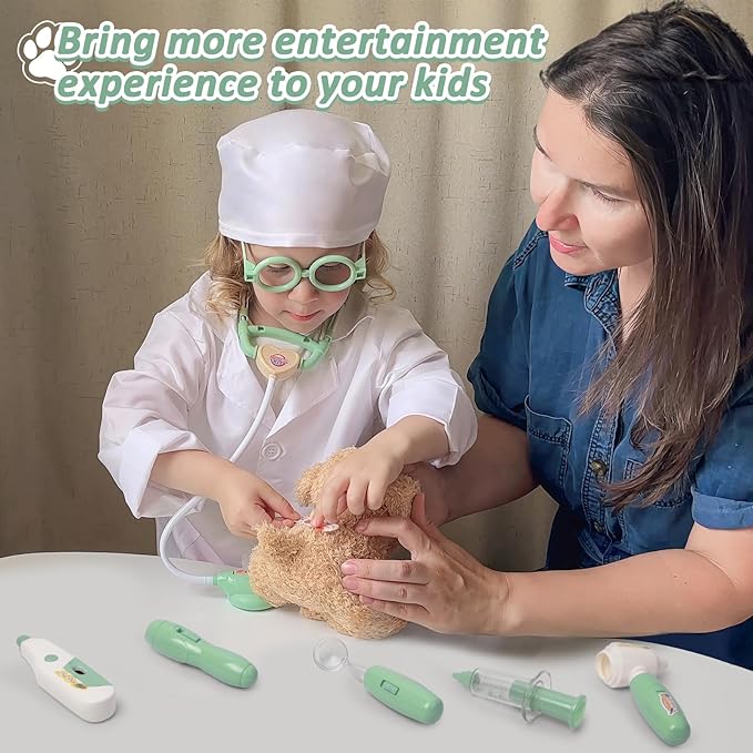 Liberry Doctor Kit for Toddlers 3 4 5 6 Years Old, 26 Pcs Kids Doctor Playset with Dog Toy, Stethoscope and Dress Up Costume, Pretend Play Medical for Boys Girls (Green)
