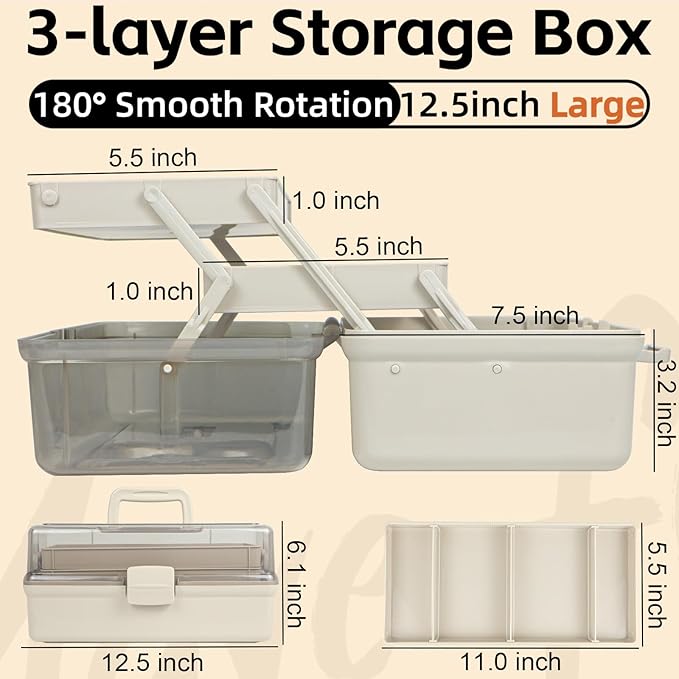 12.5in 3-Layer Multipurpose Craft Organizers and Storage with Adjustable Dividers, Portable Tackle Box, Folding Art & Craft Case for Medicine, Tool, Sewing Organizer (Brown)