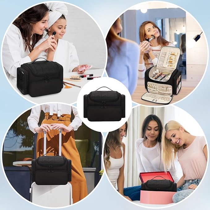 Large Makeup Bag with Jewelry Organizer, Travel Toiletry Bag for Women Girls with Makeup Brush Compartment & Two Side Pockets - XL Black
