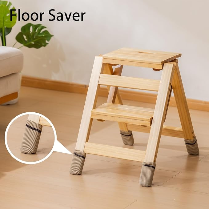 Latifolia Foldable 2 Step Stool, Wooden Step Stool with Floor Saver, Decorative Ladder Shelf for Living Room, Kitchen, Garden(Nature)