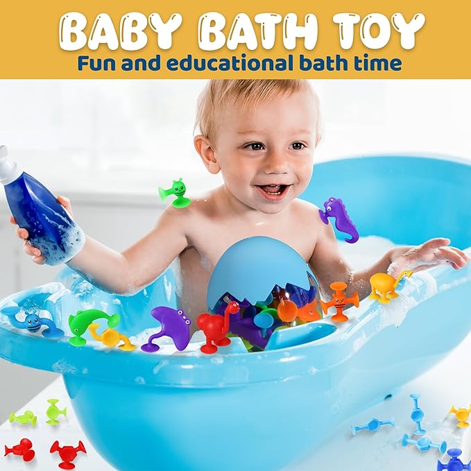 JoySprout Suction Bath Toys for Toddlers 1-3, 30PCS Ocean Animal Suction Cup Toys – Silicone Sensory Suction Toys for Kids, No-Hole Mold-Free Bathtub Toys, Stick to Window & Wall