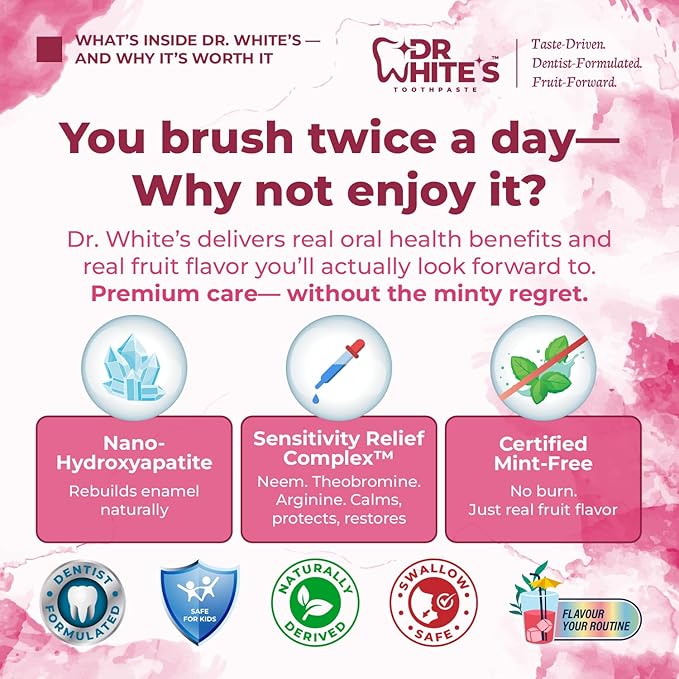 Dr. White’s Fluoride-Free nHA Toothpaste; Dentist-Formulated, Nano Hydroxyapatite + Xylitol, Sensitivity Relief Complex™, Mint-Free, Enamel Safe, Swallow-Safe (3.5 Oz, Guava Glow)