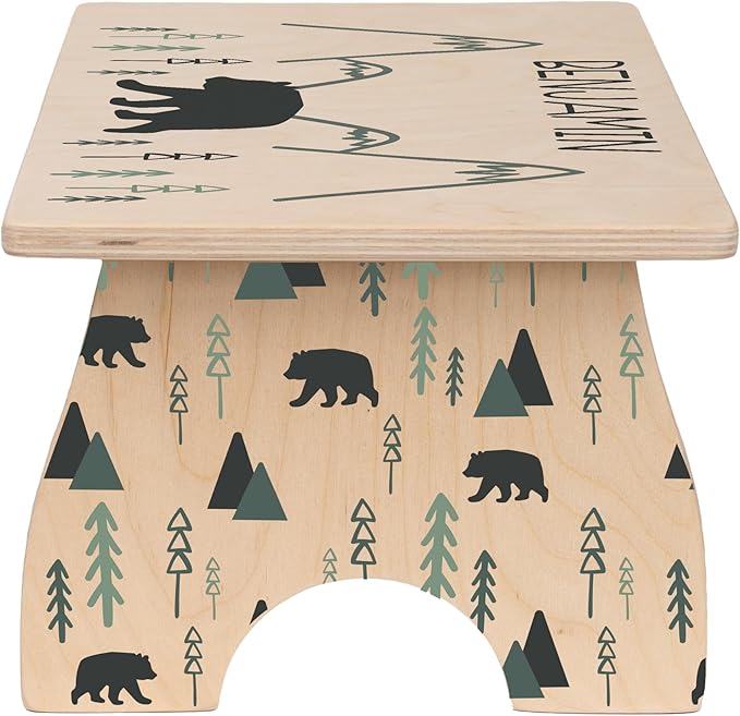 Woodland Step Stool for Toddlers- BloomOwl Personalized Wood Kids Step Stool with Name for Kitchen Sink, Bathroom, Potty Training, Toilet, Kitchen Sink- Sturdy and Safe, Mountains (Bear- Minimal)