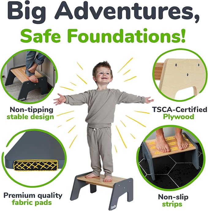 OCODILE 1-Step Wooden Step Stool for Toddlers | Kids Step Stool for Bathroom Sink, Kitchen, and Potty Training | Non-Slip Stool for Toilet Independence | Wooden Step for Children Ages 2+ Gray