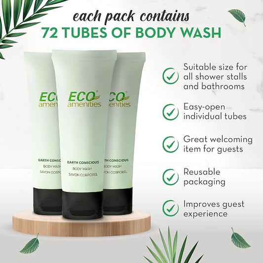 ECO amenities Body Wash Tubes - Leak-Proof Travel Toiletries - Bulk Body Wash & Hotel Soap - Natural Shower Gel & Liquid Soap - 1 fl oz, Pack of 72, Green Tea