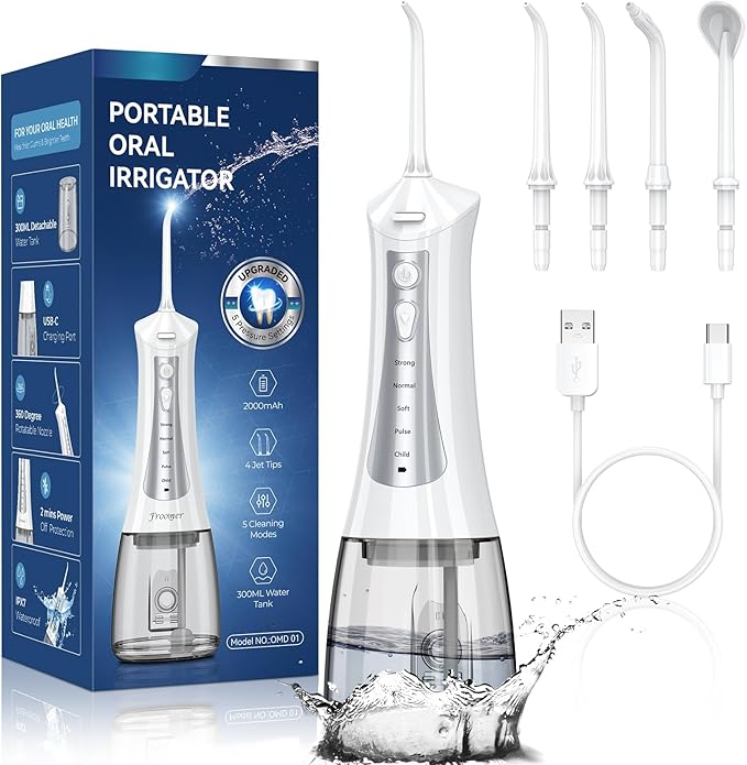 300mL Water Flosser Cordless - Rechargeable Travel Water Flossers for Teeth Cleaning with 5 Pressure Settings, 4 Tips, IPX7 Waterproof for Teeth Cleaning