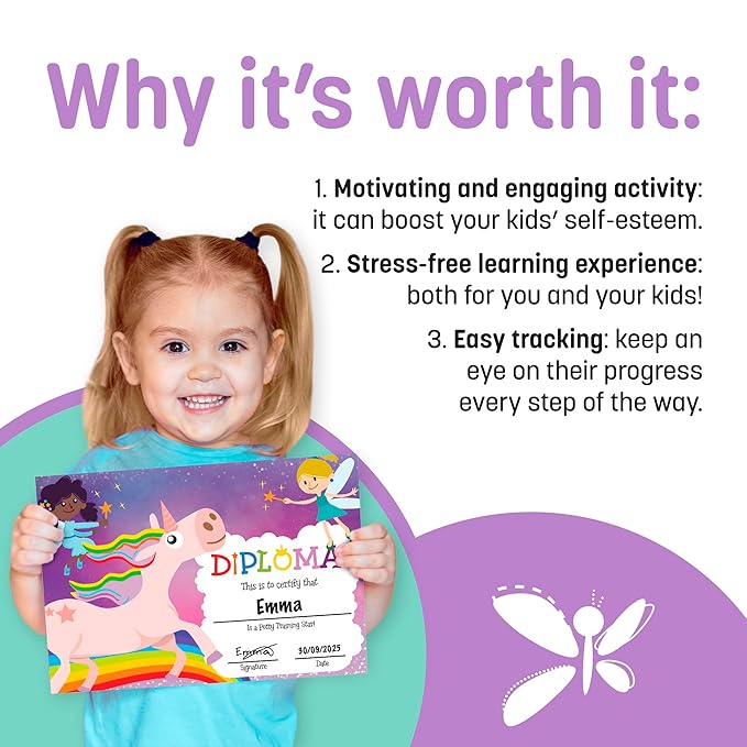 Potty Training Chart for Toddlers Girls, Unicorn Design - Sticker Chart, 4 Week Reward Chart - 213 Cute Stickers, Certificate, Instruction Booklet & Motivational Cards - Bonus Celebratory Crown