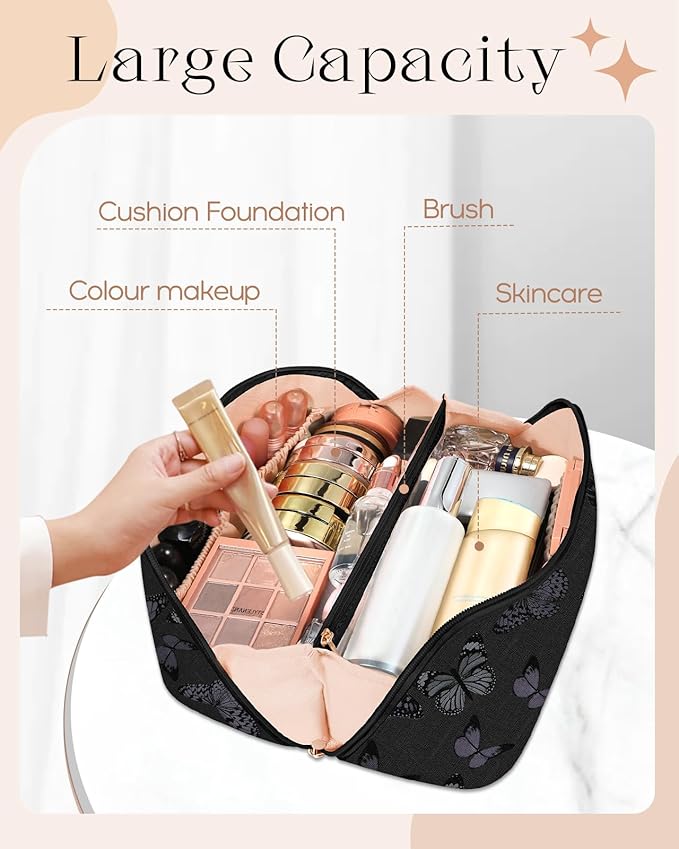 Bistup Makeup Bag Travel Cosmetic Bag Toiletry Make Up Bags Cute Women Large Capacity Big Medium Leather Butterfly Aesthetic Portable Teen Girl Teenage Foldable Expandable Compact Open Flat Zip