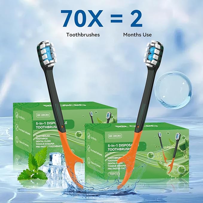 70Pack Disposable Toothbrush with Pre-Pasted Toothpaste 5-in-1 Mini Travel Toothbrush Deep Clean with Toothpick, Flosser, Tongue Scraper for Superior Oral Hygiene, Individually Wrapped