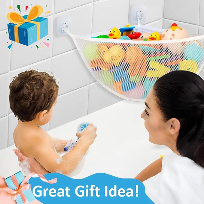 Bath Toy Holder Corner, Kids Bath Toy Net for Tub, Bathtub Holder Basket, Storage Bin Hammock Organizer, Shower Caddy Hanging Mesh Bag, Baby Bathroom Storage with 3 Suction Cups 3 Adhesive Wall Hooks