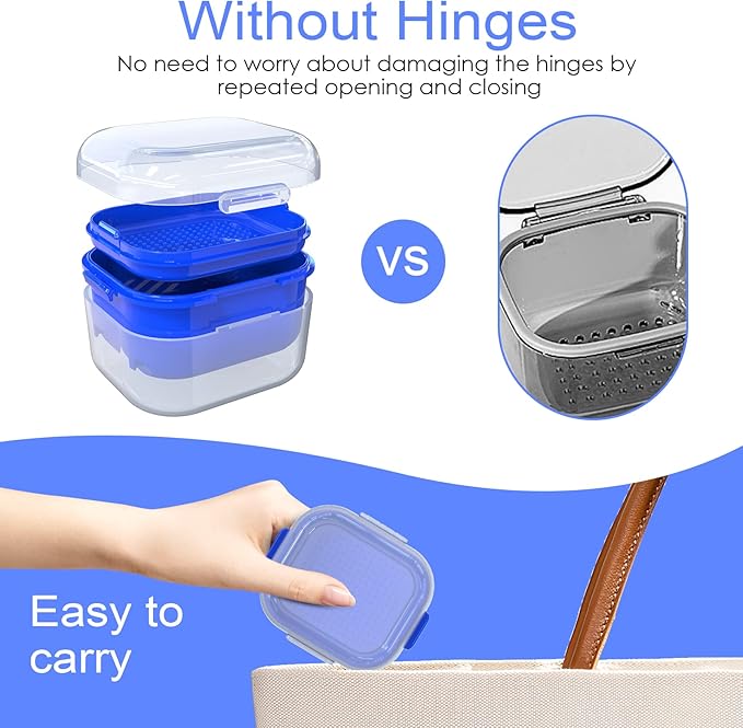 ARGOMAX Denture Case, Denture Cup for Soaking Dentures, Thorough Cleaning of Dentures, Retainer, Clear Braces (Clear Case + Dark Blue Filter and Tray).