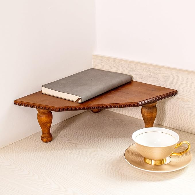 Wood Corner Counter Shelf Framehouse Decorative Tray Stand for Kitchen Bathroom Riser Organizer Coffee Bar Display Shelf with Detachable Legs (Darkbrown)