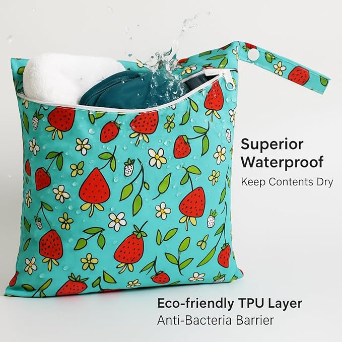 Waterproof Wet Dry Bag, Reusable Diaper Pouch with Zipper, Machine Washable Travel Organizer for Beach, Daycare, Kids, Dinosaur Pattern (Strawberry)