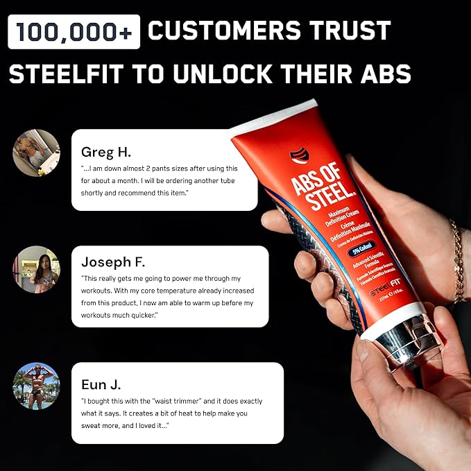 SteelFit Abs of Steel Maximum Definition Cream - Skin Tightening, Toning & Firming Lotion for Sculpting Abs - L-Carnitine Pre & Post Workout Supplement for Men & Women - Non-Greasy Formula, 3.4 Ounces